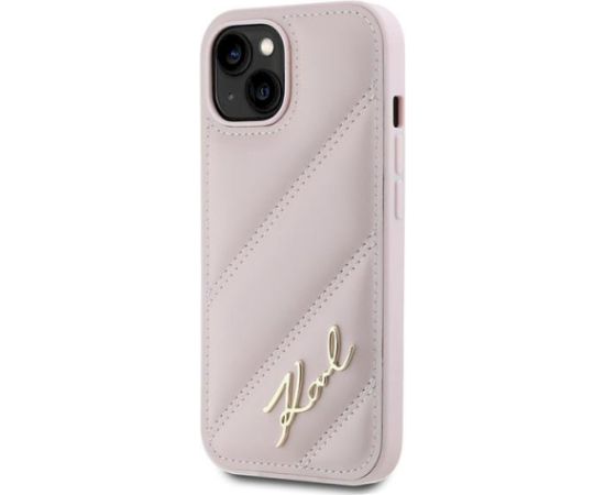 Karl Lagerfeld KLHCP14SPQDSMGP Diagonal Quilted Script Aizsargapvalks priekš iPhone 14 / 15 / 13 6.1" / rozā Neoriģinālie Maciņi