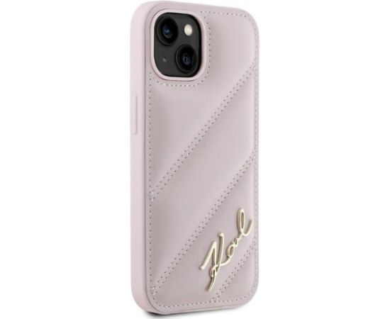 Karl Lagerfeld KLHCP14SPQDSMGP Diagonal Quilted Script Aizsargapvalks priekš iPhone 14 / 15 / 13 6.1" / rozā Neoriģinālie Maciņi