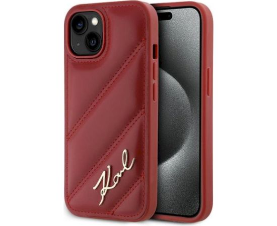 Karl Lagerfeld KLHCP15SPQDSMGR Diagonal Quilted Script Aizsargapvalks priekš iPhone 15/14/13 6.1" / sarkans Neoriģinālie Maciņi