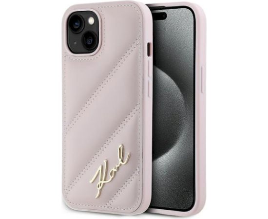 Karl Lagerfeld KLHCP15SPQDSMGP Diagonal Quilted Script Aizsargapvalks priekš iPhone 15/14/13 6.1" / rozā Neoriģinālie Maciņi