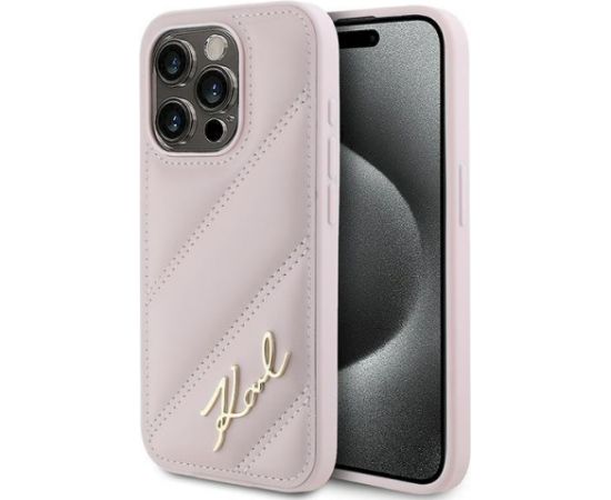 Karl Lagerfeld KLHCP15LPQDSMGP Diagonal Quilted Script Aizsargapvalks priekš iPhone 15 Pro 6.1" / rozā Neoriģinālie Maciņi