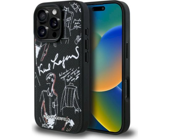 Karl Lagerfeld Grained Pattern & Logo MagSafe Case Aizsargapvalks priekš iPhone 16 Pro / melns Neoriģinālie Maciņi