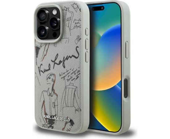 Karl Lagerfeld Grained Pattern & Logo MagSafe Case Aizsargapvalks priekš iPhone 16 Pro / pelēks Neoriģinālie Maciņi