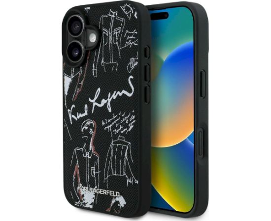 Karl Lagerfeld Grained Pattern & Logo MagSafe Case Aizsargapvalks priekš iPhone 16 / melns Neoriģinālie Maciņi