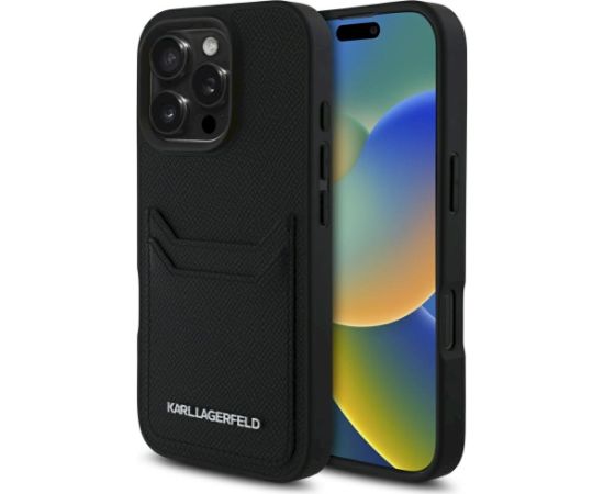 Karl Lagerfeld HC Grained PU Cardslot Metal Elong Aizsargapvalks priekš iPhone 16 Pro / melns Neoriģinālie Maciņi