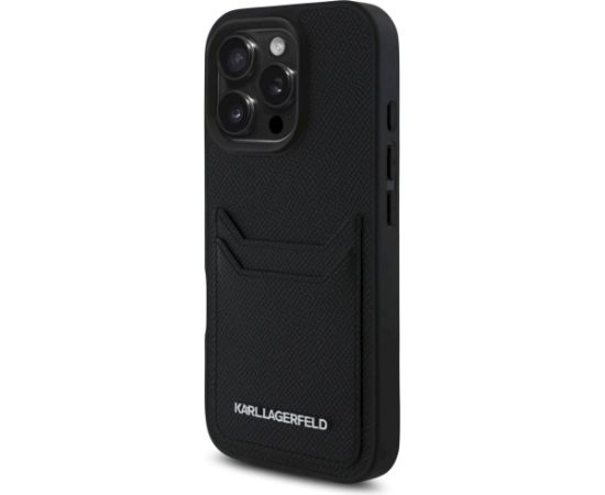 Karl Lagerfeld HC Grained PU Cardslot Metal Elong Aizsargapvalks priekš iPhone 16 Pro / melns Neoriģinālie Maciņi