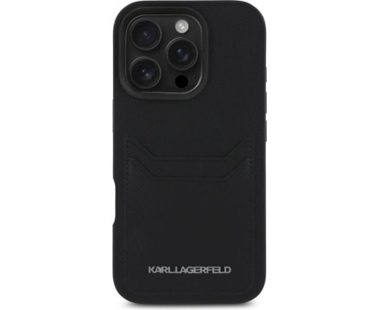 Karl Lagerfeld HC Grained PU Cardslot Metal Elong Aizsargapvalks priekš iPhone 16 Pro Max / melns Neoriģinālie Maciņi