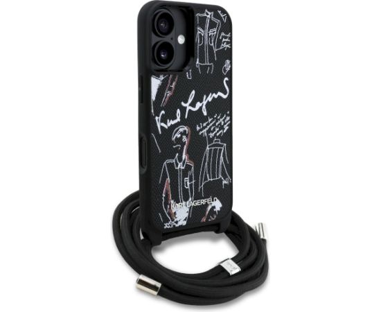 Karl Lagerfeld Crossbody Grained Pattern & Logo MagSafe Aizsargapvalks priekš iPhone 16 / melns Neoriģinālie Maciņi