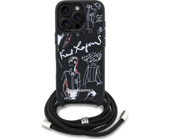 Karl Lagerfeld Crossbody Grained Pattern & Logo Case Aizsargapvalks priekš iPhone 16 Pro Max / melns Neoriģinālie Maciņi