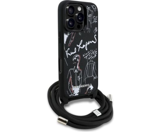Karl Lagerfeld Crossbody Grained Pattern & Logo Case Aizsargapvalks priekš iPhone 16 Pro Max / melns Neoriģinālie Maciņi