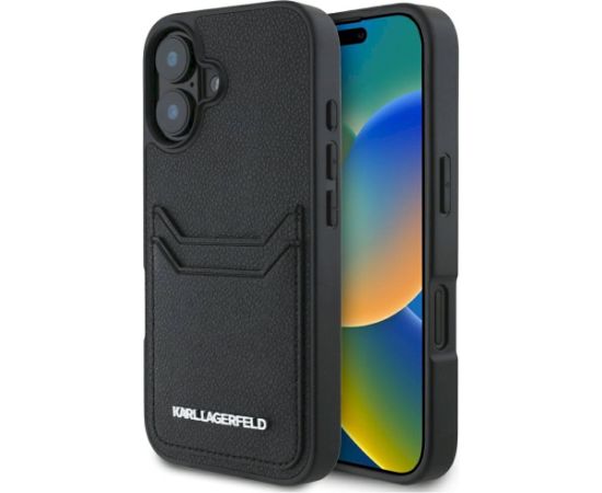 Karl Lagerfeld HC Grained PU Cardslot Metal Elong Aizsargapvalks priekš iPhone 16 / melns Neoriģinālie Maciņi