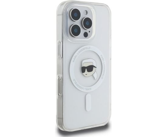 Karl Lagerfeld KLHMP16LHLSKIH Aizsargapvalks priekš iPhone 16 Pro 6.3" Hardcase IML Metal Karl Head MagSafe / balts Neoriģinālie Maciņi