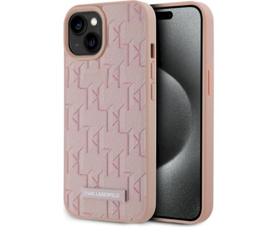 Karl Lagerfeld Leather Monogram Metal Logo MagSafe Aizsargapvalks priekš iPhone 15 / rozā Neoriģinālie Maciņi