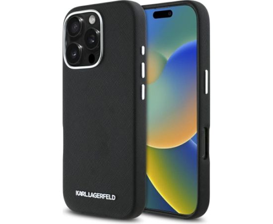 Karl Lagerfeld Saffiano Full Wrapped Elongated Metal Logo MagSafe Aizsargapvalks priekš iPhone 16 Pro Max / melns Neoriģinālie Maciņi