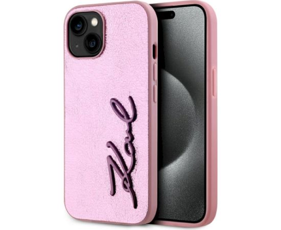 Case Karl Lagerfeld Wrinkled Metal Signature Aizsargapvalks priekš iPhone 15 / rozā Neoriģinālie Maciņi