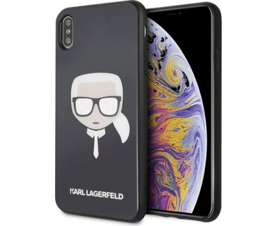 Karl Lagerfeld KLHCI65DLHBK Iconic Glitter Karl`s Head Aizsargapvalks priekš iPhone XsMax / melns Neoriģinālie Maciņi
