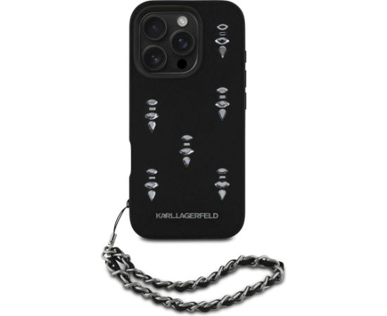Karl Lagerfeld Saffiano Crystals w/Chain Aizsargapvalks priekš iPhone 16 Pro / melns Neoriģinālie Maciņi