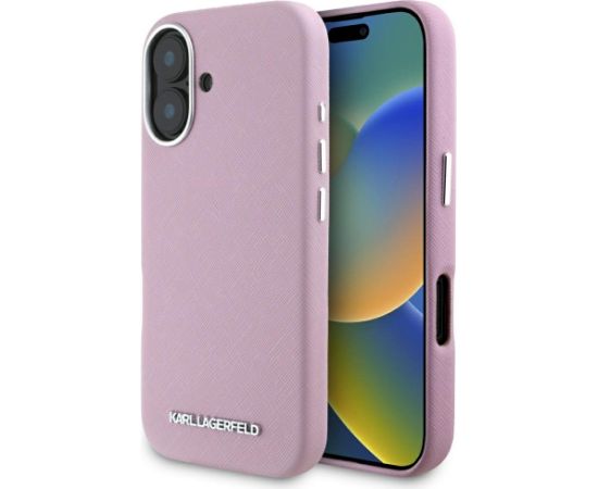 Karl Lagerfeld Saffiano Full Wrapped Elongated Metal Logo MagSafe Aizsargapvalks priekš iPhone 16 / rozā Neoriģinālie Maciņi