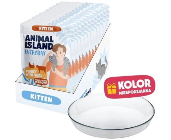 ANIMAL ISLAND Kitten indyk,cielęcina12x85g+talerzyk Kaķu konservi