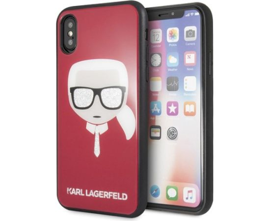 Karl Lagerfeld KLHCPXDLHRE Iconic Glitter Karl`s Head Aizsargapvalks priekš iPhone X/Xs / sarkans Neoriģinālie Maciņi