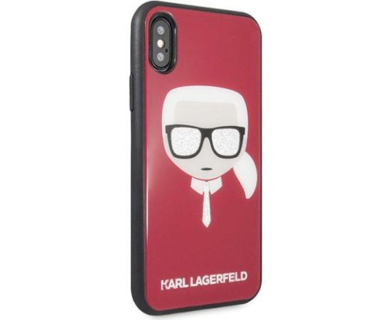 Karl Lagerfeld KLHCPXDLHRE Iconic Glitter Karl`s Head Aizsargapvalks priekš iPhone X/Xs / sarkans Neoriģinālie Maciņi