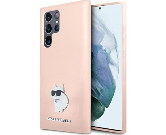 Karl Lagerfeld KLHCS23LSMHCNPP Silicone Choupette Metal Pin Aizsargapvalks priekš Samsung Galaxy S23 Ultra S918 / rozā Neoriģinālie Maciņi