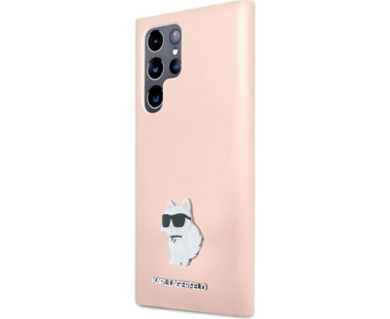Karl Lagerfeld KLHCS23LSMHCNPP Silicone Choupette Metal Pin Aizsargapvalks priekš Samsung Galaxy S23 Ultra S918 / rozā Neoriģinālie Maciņi