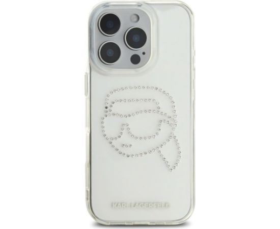 Karl Lagerfeld KLHCP16LHKHDCELT Hardcase IML Rhinestones Karl Head Aizsargapvalks priekš iPhone 16 Pro 6.3" / caurspīdīgs Neoriģinālie Maciņi