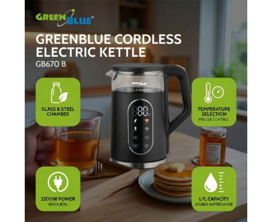 GreenBlue Cordless Electric Kettle, 1.7 L capacity, glass water tank, easy-to-read display, temperature selection, 2200 W, GB670 B Tējkannas (elektriskās)