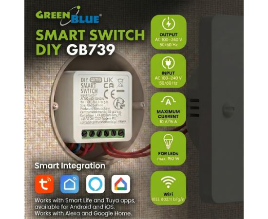 GreenBlue Flush-Mount WiFi Relay, Android/iOS/Alexa/Google Home, 100–240 V AC, 50/60 Hz, max. 16 A, for 150 W LEDs, GB739 Gudrā māja
