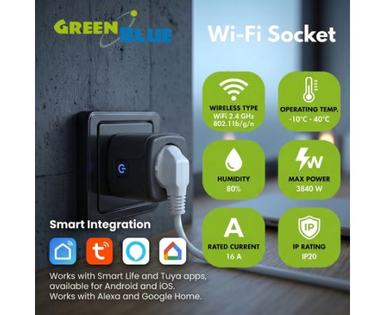 GreenBlue Remote-Controlled WiFi Outlet, Android/iOS/Alexa/Google Home, Timer, Wattmeter, Max 16A/3840W, GB735 B Новинки Для дома и сада 