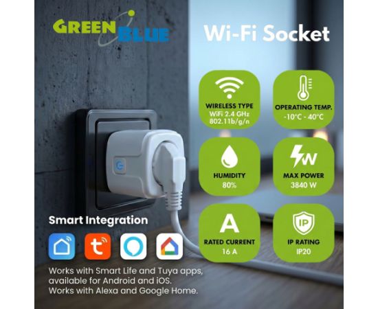 GreenBlue Remote-Controlled WiFi Outlet, Android/iOS/Alexa/Google Home, Timer, Wattmeter, Max 16A/3840W, GB735 W Новинки Для дома и сада 