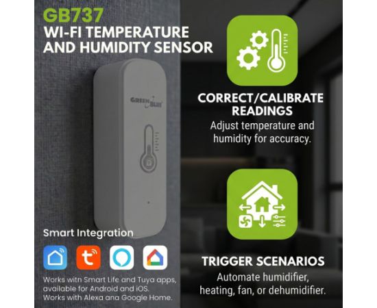 GreenBlue WiFi Temperature and Humidity Sensor, Android/iOS/Alexa/Google Home, 3.0V DC, LR03x2, GB737 Gudrā māja