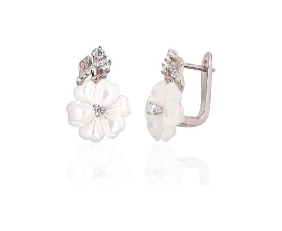 Серебряные серьги на английском замке #2204320(PRh-Gr)_CZ+PL-W, Серебро 925°, родий (покрытие), Цирконы, Перламутр, 3.8 гр. Ar "angļu" slēdzēju