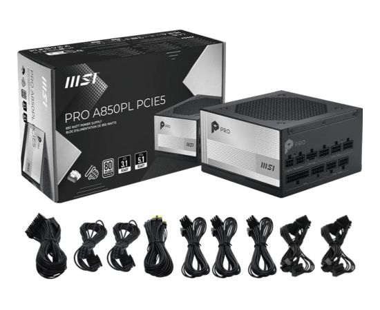 MSI PRO A1000PL PCIE5 1000W (black/white, 1x 12-pin high power GPU, 3x PCIe, cable management, 1000 watts) Datoru barošanas bloki