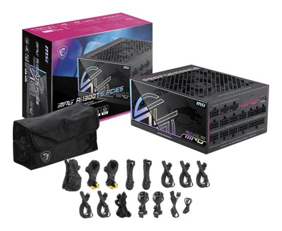 MSI MPG Ai1300TS PCIE5 (black, 2x 12-pin high power GPU, 7x PCIe, cable management, 1300 watts) Datoru barošanas bloki