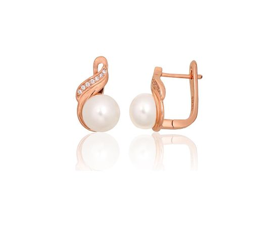 Sudraba auskari ar 'angļu' slēdzēju #2204333(PAu-R)_CZ+PE, Sudrabs 925°, sarkanais zelts (pārklājums), Cirkoni, Pērles, 4.1 gr. Ar "angļu" slēdzēju