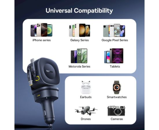 Baseus PrimeTrip VR2 Max Automašīnas lādētājs 60W ar ievelkamiem USB-C kabeļiem / melna Telefonu lādētāji 12v Automašīnām