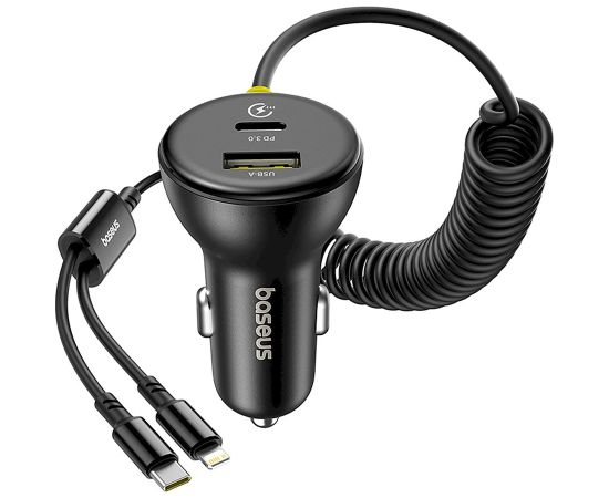 Baseus Circular 60W Auto lādētājs USB-A + USB-C ar iebūvētu Lightning + USB-C kabeli 1,4 m / melna Telefonu lādētāji 12v Automašīnām