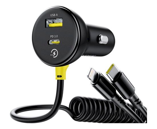 Baseus Circular 60W Auto lādētājs USB-A + USB-C ar iebūvētu Lightning + USB-C kabeli 1,4 m / melna Telefonu lādētāji 12v Automašīnām