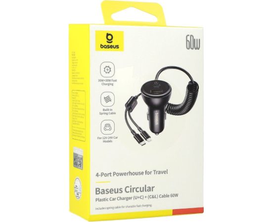 Baseus Circular 60W Auto lādētājs USB-A + USB-C ar iebūvētu Lightning + USB-C kabeli 1,4 m / melna Telefonu lādētāji 12v Automašīnām