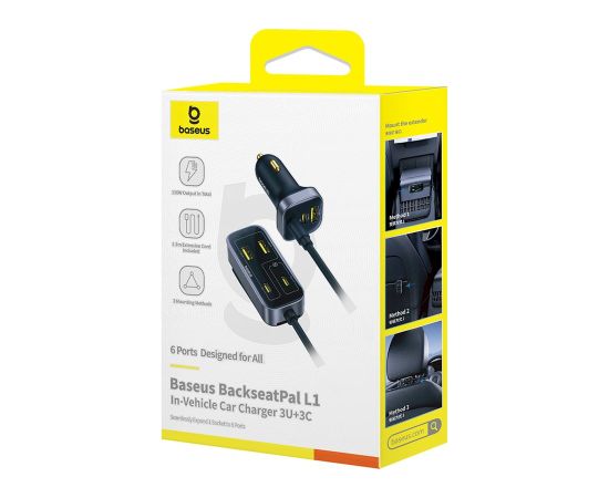Baseus BackseatPal L1 Auto lādētājs 110W 3 x USB-A + 3 x USB-C ar 1,5 m pagarinātāju / melna Telefonu lādētāji 12v Automašīnām