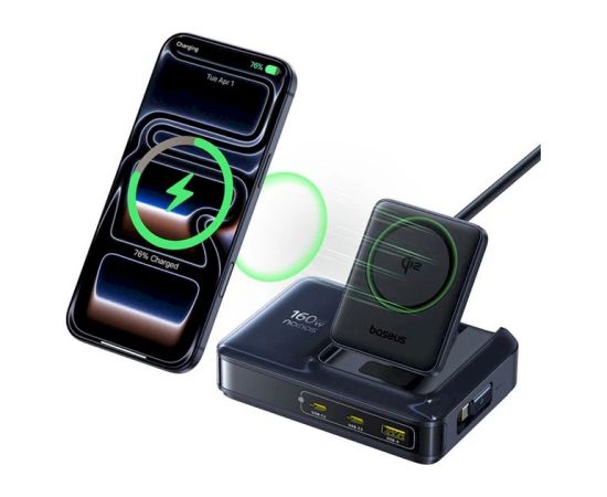 Baseus Nomos NH21 Qi2 160W 5-в-1 Беспроводное зарядное устройство со сворачиваемым кабелем / чёрная Bezvadu telefonu lādētāji