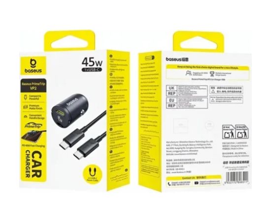 Baseus PrimeTrip VP2 Auto lādētājs 45W USB-C ar 60W USB-C to USB-C kabeli 1m / melna Telefonu lādētāji 12v Automašīnām