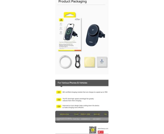 Baseus PrimeTrip VC1 Pro Bezvadu auto lādētājs Qi2 ventilācijas restei / melns Telefonu lādētāji 12v Automašīnām