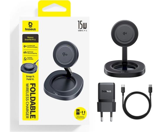 Baseus EnerFill FF11 Складное беспроводное зарядное устройство 15W с сетевым зарядным устройством 20W и кабелем USB-C 1m / чёрная Bezvadu telefonu lādētāji