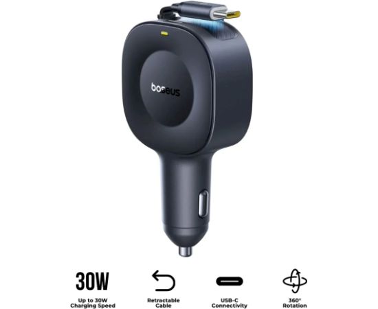 Baseus PrimeTrip VR2 Automašīnas lādētājs 30W ar saritināmu USB-C kabeli / melna Telefonu lādētāji 12v Automašīnām