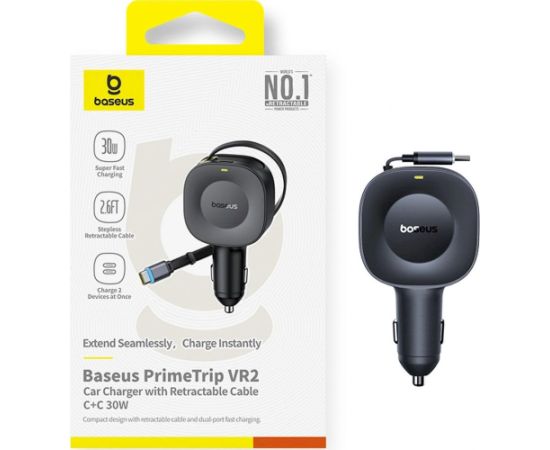Baseus PrimeTrip VR2 Automašīnas lādētājs 30W ar saritināmu USB-C kabeli / melna Telefonu lādētāji 12v Automašīnām