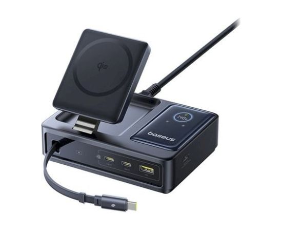 Baseus NOMOS 140W Qi2 5-в-1 Беспроводное зарядное устройство со сворачиваемым кабелем USB-C и цифровым дисплеем / чёрная Bezvadu telefonu lādētāji