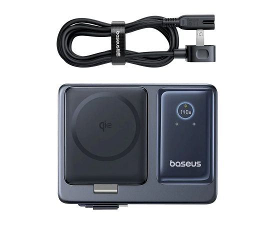 Baseus NOMOS 140W Qi2 5-в-1 Беспроводное зарядное устройство со сворачиваемым кабелем USB-C и цифровым дисплеем / чёрная Bezvadu telefonu lādētāji